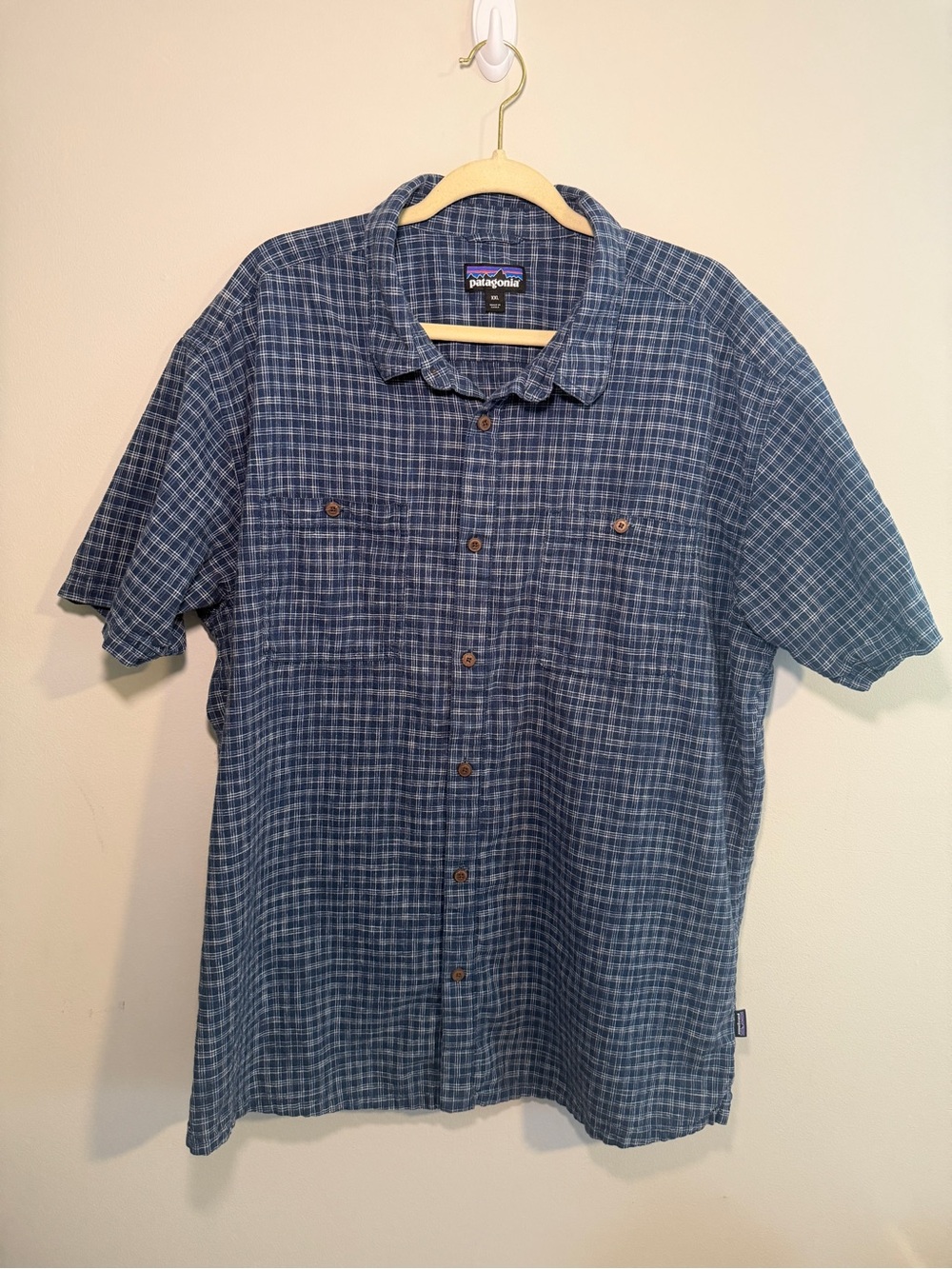 Patagonia Back Step Shirt Blue Plaid Hemp Organic Cotton Short Sleeve Men's XXL